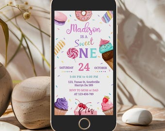 Candy Land Sweet One Birthday Invitation, Donut Party (Digital Download)