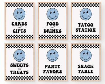 May include: Six printable signs with a black and white checkered background and a blue smiley face with lightning bolts. The signs say "Cards and Gifts", "Food and Drinks", "Tattoo Station", "Sweets and Treats", "Party Favors", and "Snack Table".