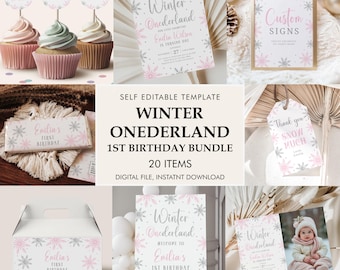 May include: A printable Winter Onederland 1st Birthday Bundle with 20 items. The bundle includes a variety of printable items, such as invitations, cupcake toppers, favour tags, and a welcome sign. The design features a pink and silver snowflake pattern.