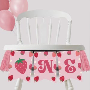 Strawberry High Chair Banner Berry First Birthday Girl 1st Strawberry Garland High Chair Banner ONE Fruit Party Decor PRINTABLE Digital B408