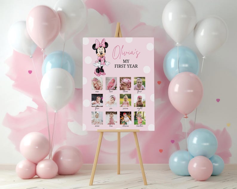 Printable MINNIE MOUSE Baby's First Year Photo Poster. 1st Birthday Photo Collage Sign. Minnie Mouse One Year Pictures Board, B714
