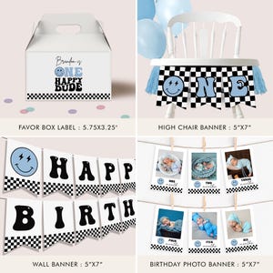 One Happy Dude 1st Birthday Bundle with Customizable Invitations, Milestones, Baby blue Decorations, Modern Smiley Face 1st Birthday, B498