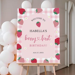 Plantilla de letrero de bienvenida de cumpleaños de fresa, tema de fiesta de bayas, dulce, letrero de primer cumpleaños, pancarta, póster editable rojo y rosa, B414