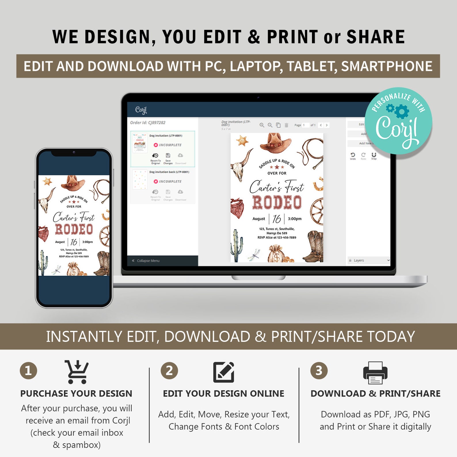 Editable My First Rodeo Invitation Cowboy Birthday Invite Wild West ...