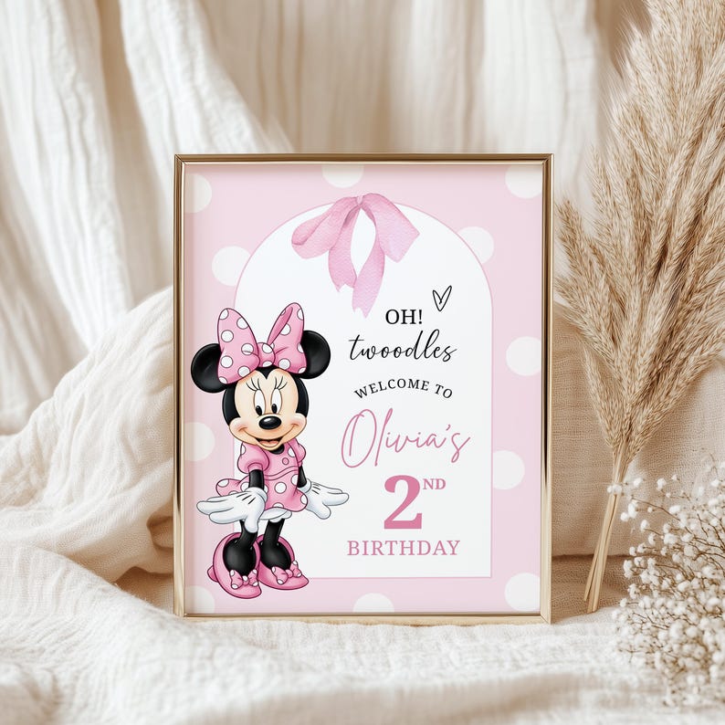 Minnie Mouse TwoDles Birthday Welcome Sign Template | Editable Printable Party Sign | Canva Digital Download | Girl Birthday Decoration