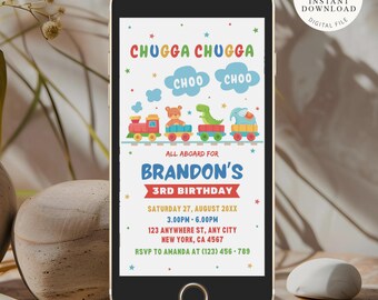 Editable Toy Train Birthday Invitation Evite (Canva Template)