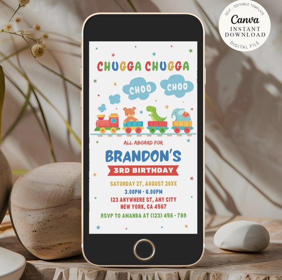 Editable Toy Train Birthday Invitation Evite (Canva Template)