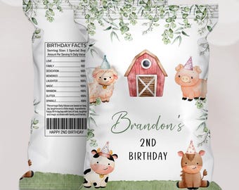 May include: A white chip bag with a farm theme for a 2nd birthday party. The bag features a red barn, a pig, a cow, a horse, and a sheep. The text on the bag reads "Brandon's 2nd Birthday".