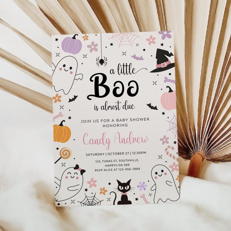 A little boo is almost due invitation, digital invite template baby shower, pink Halloween baby shower invitations, cute ghost invite