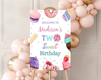 Cartel de bienvenida de cumpleaños con temática de helado y donut (descarga imprimible y editable)