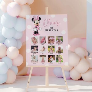 Printable MINNIE MOUSE Baby's First Year Photo Poster. 1st Birthday Photo Collage Sign. Minnie Mouse One Year Pictures Board, B714