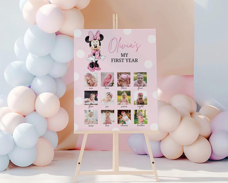 Printable MINNIE MOUSE Baby's First Year Photo Poster. 1st Birthday Photo Collage Sign. Minnie Mouse One Year Pictures Board, B714