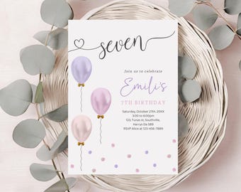 Girl 7th Birthday Invitation, Golden Bow, Balloons (Digital Download)