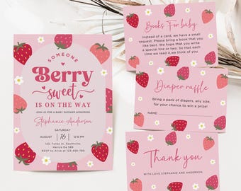 May include: Pink and white baby shower invitation with a strawberry theme. The invitation says "Someone Berry Sweet is on the Way" and includes the date, time, and location of the event. There are also cards for a book request and a diaper raffle.