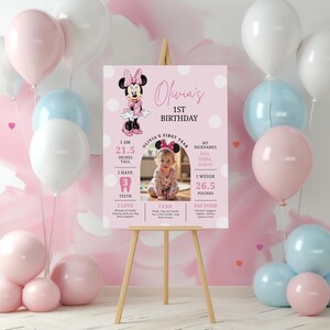 Minnie Mouse Birthday Milestone Board, Milestone Stats, Minnie Party Welcome Banner, Welcome sign, Canva, B714