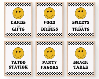 May include: Six printable signs with a black and white checkered background and a yellow smiley face with lightning bolts for eyes. The signs say "Cards and Gifts", "Food and Drinks", "Sweets and Treats", "Tatoo Station", "Party Favors", and "Snack Table".