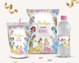 May include: Party supplies set featuring princess illustrations. Includes a drink pouch with a pink straw, a snack bag, and a water bottle. The text "Madison Turns One" is displayed on each item, surrounded by floral designs.