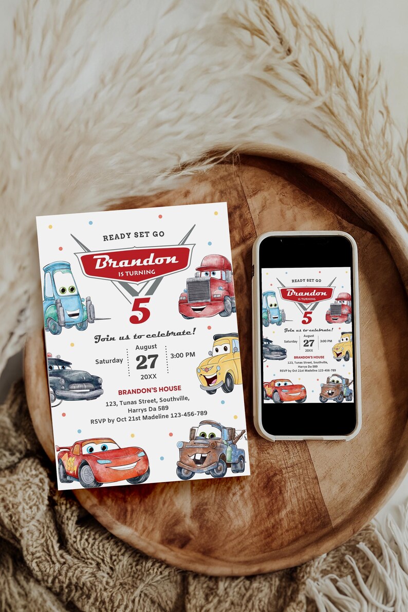 Editable Cars Birthday Invitation, Lightning McQueen Invitation, Evite, Kids Birthday Invitation, Digital Invitation, Canva Editable, B624