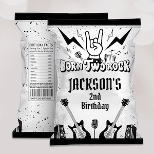 Born Two Rock Birthday Party chip bag, Template Printable, ROCK N ROLL Party chip bag Guitar Rocker Editable chip bag, Digital Download B307