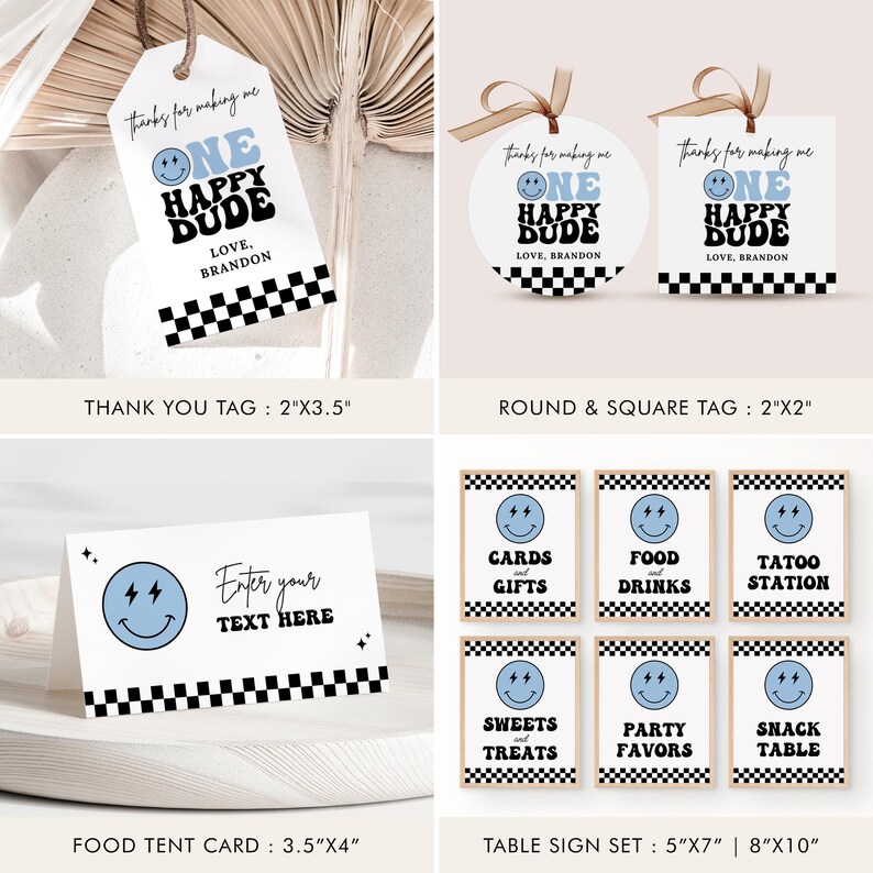 One Happy Dude 1st Birthday Bundle with Customizable Invitations, Milestones, Baby blue Decorations, Modern Smiley Face 1st Birthday, B498