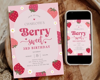 以下が含まれることがあります： イチゴをテーマにしたピンクと白の誕生日招待状。招待状には「Join us for Charlotte's Berry Sweet 3rd Birthday」と日付と時間が書かれています。招待状には、同じデザインの携帯電話の画面も含まれています。