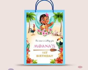 Etiquetas editables para bolsas de regalo con temática de Moana, plantilla de etiqueta para bolsa de regalo de cumpleaños hawaiana, bolsa de regalo de Moana imprimible, descarga instantánea, CANVA, B004