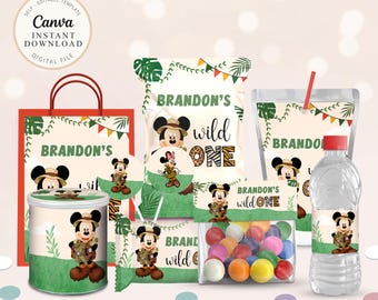 Mickey Mouse Safari Party Labels, Wild One Birthday (Digital Download)