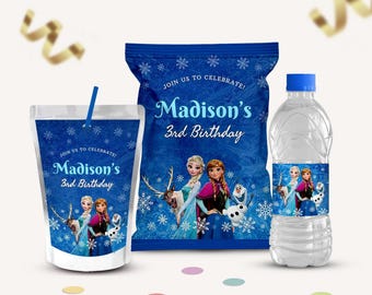 Modello per bomboniere di compleanno a tema Frozen: sacchetto di patatine, bottiglia d'acqua, CapriSun (modificabile su Canvas)