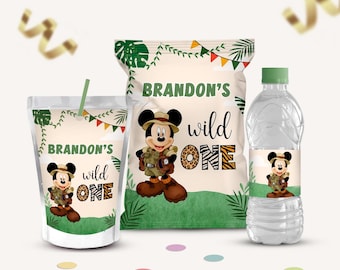 Plantilla para recuerdos de fiesta de safari de Mickey Mouse, etiquetas para bolsas de papas fritas y botellas (descarga digital)