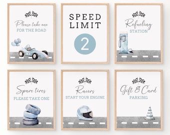Race Car 2nd Birthday Party Signs, Blue Decorations (Digital Download)