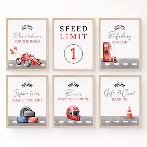 Fast One Race car birthday invitation party signs, Birthday racing party sign, race car table sign, Red race car party decor, template Boy