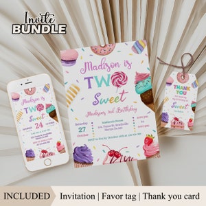 Deux invitations douces pour le 2e anniversaire d'une fille, donut, dessert rose blush de deux ans, imprimable et modifiable, étiquette de cadeau, carte de remerciement, B168
