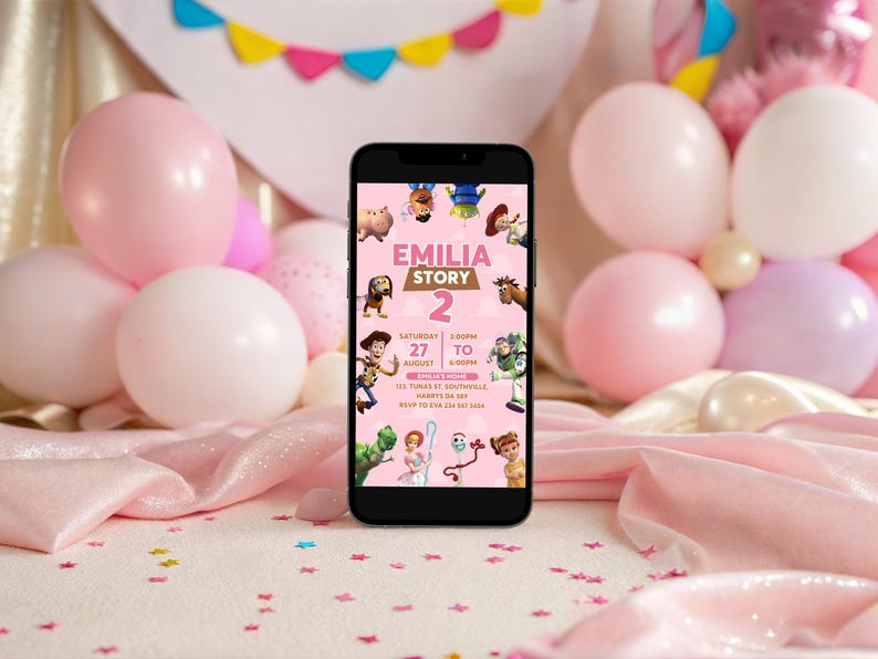 Editable Girl Toy Story Invitation Template, Evite, Mobile Digital Invitation, Kids Birthday Party, Instant Download, Evite, Phone, B335