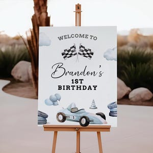 Letrero de bienvenida para un cumpleaños, cartel de fiesta de coches de carreras vintage, cartel de bienvenida para el primer cumpleaños, póster de cumpleaños, bienvenida de cumpleaños, B465