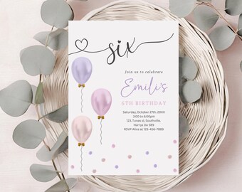 6th Birthday Invitation Girl, Pink Purple Balloons (Digital Invitation)