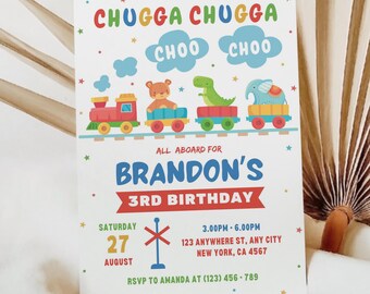 Toy Train Birthday Invitation, Chugga Chugga Choo Choo, Editable Canva Template (Digital Download)