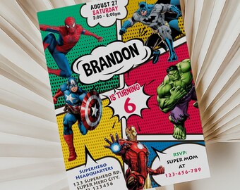 Superheroes Invitation, EDITABLE Avengers Party Invite, Super Hero Comic book Printable Template, Boy Instant download, Evite, Digital B030