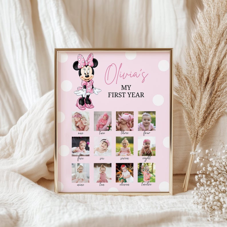 Printable MINNIE MOUSE Baby's First Year Photo Poster. 1st Birthday Photo Collage Sign. Minnie Mouse One Year Pictures Board, B714