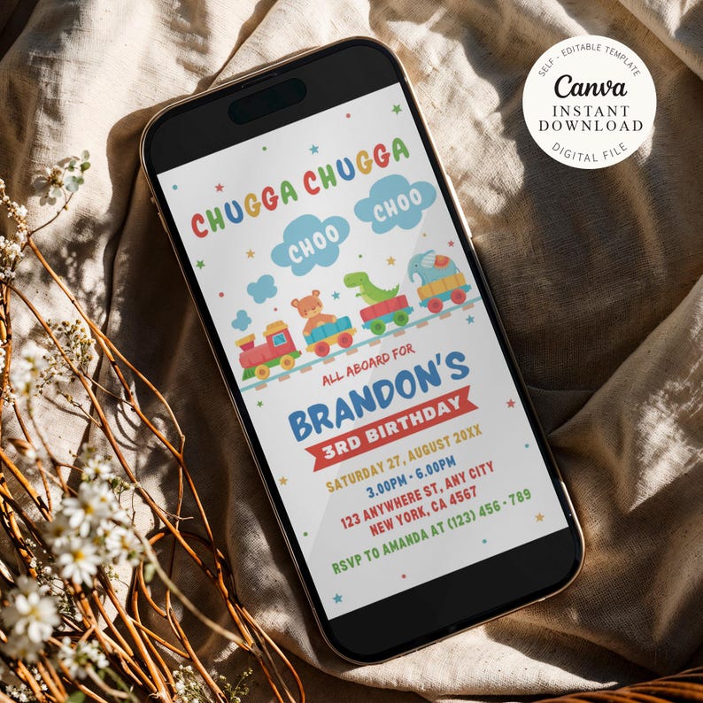 Editable Train Birthday Invitation Evite, Toy Train Invite for any age, Train Birthday Party, instant download canva template
