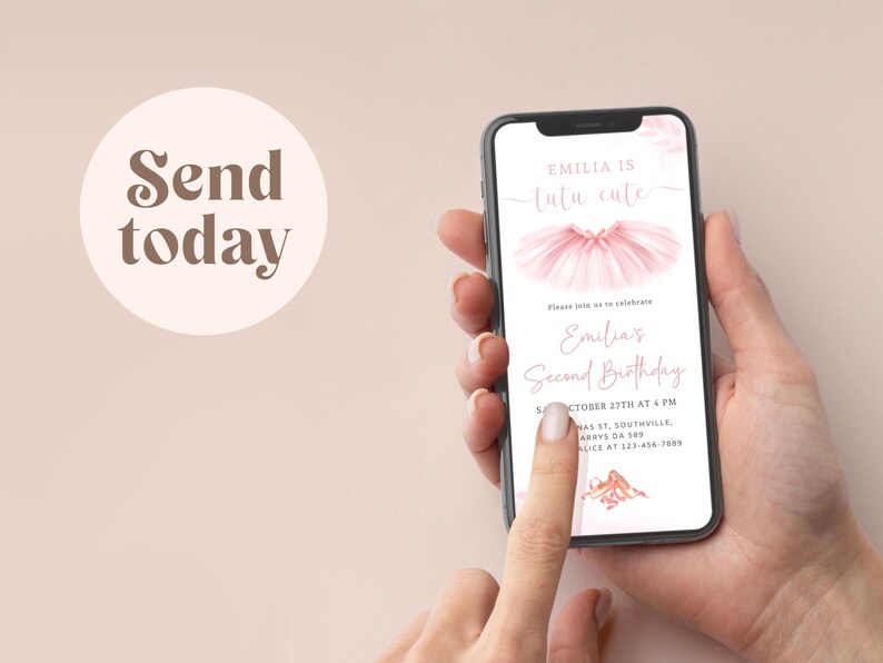 Tutu Ballerina Birthday Electronic Invitation Template Editable Digital Download, 2nd Birthday Ballet Evite, Tutu Cute Paperless Invitation