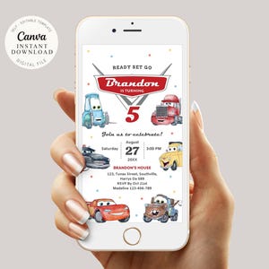 Cars Birthday Invitation, Kids Birthday Mobile Invite, Lightning McQueen Evite, Editable Personalized Canva Digital Invitation, Phone, B624