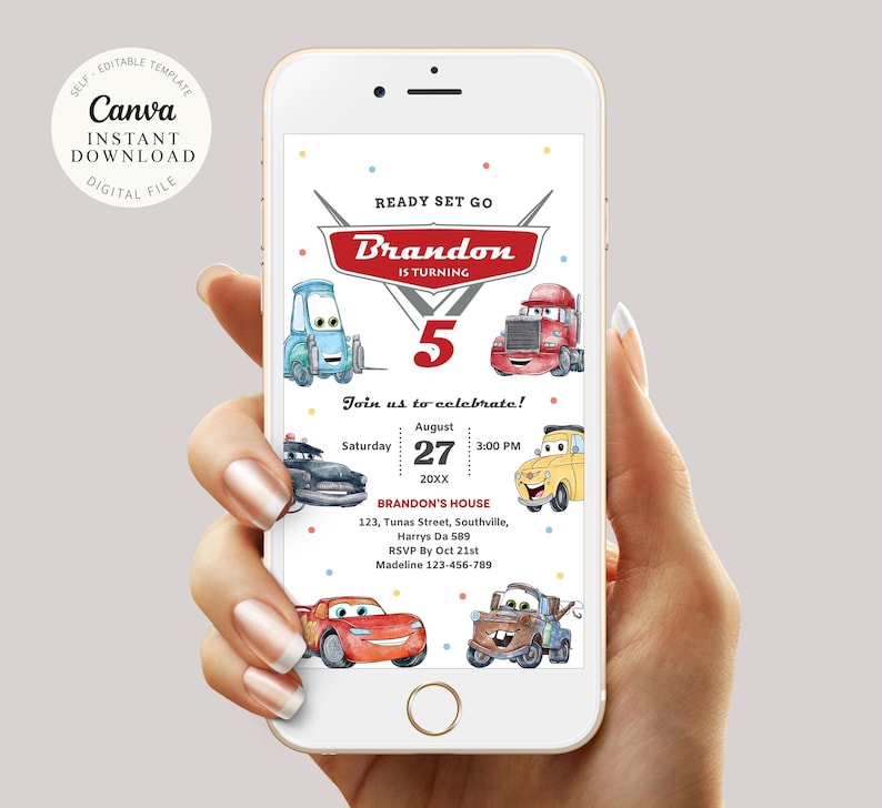 Cars Birthday Invitation, Kids Birthday Mobile Invite, Lightning McQueen Evite, Editable Personalized Canva Digital Invitation, Phone, B624