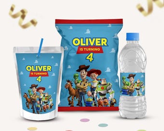 Paquete para fiesta de cumpleaños de Toy Story, bolsa para papas fritas, botella de agua y bolsa para jugo (descarga digital)