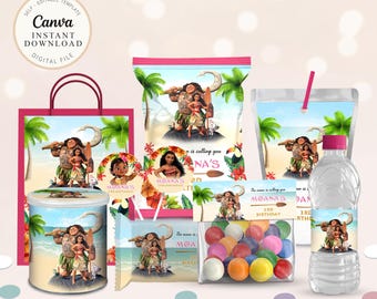 Moana Birthday Party Bundle | Maui Decor, Favor Tags (Printable Canva Template)