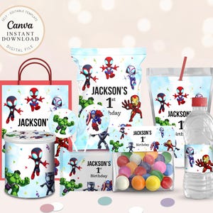 Superhero Chip Bag, Spidey Party Favors, Superhero Birthday, Superhero Decor Cupcake, Rice Krispies, Spidey Hershey, Pringles Label etc B633