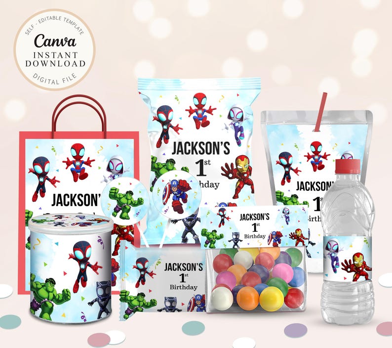 Superhero Chip Bag, Spidey Party Favors, Superhero Birthday, Superhero Decor Cupcake, Rice Krispies, Spidey Hershey, Pringles Label etc B633