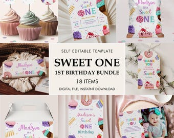 Editable Sweet One Birthday Party Bundle, Pastel Desserts (Digital)