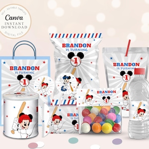 May include: Party supplies with a baseball theme, including a gift bag, candy bags, stickers, a container, and a water bottle. Each item is decorated with a cartoon mouse character and the text "Brandon is turning 1."