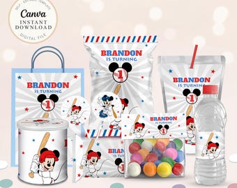 May include: A collection of party supplies featuring a baseball theme. Includes a gift bag, candy bags, stickers, a container, and a water bottle, all decorated with a cartoon mouse character and the text "Brandon is turning 1."