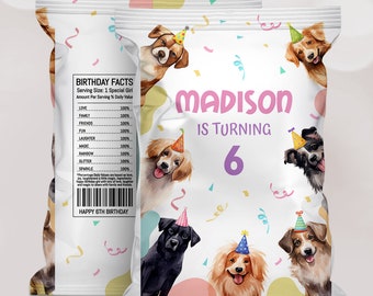 May include: White chip bag with watercolor illustrations of dogs wearing party hats. The bag reads "MADISON IS TURNING 6" in pink and purple. The bag also has "BIRTHDAY FACTS" and "HAPPY 6TH BIRTHDAY" printed on it.